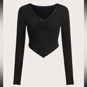 Rouched Front Black Lace Neckline Top